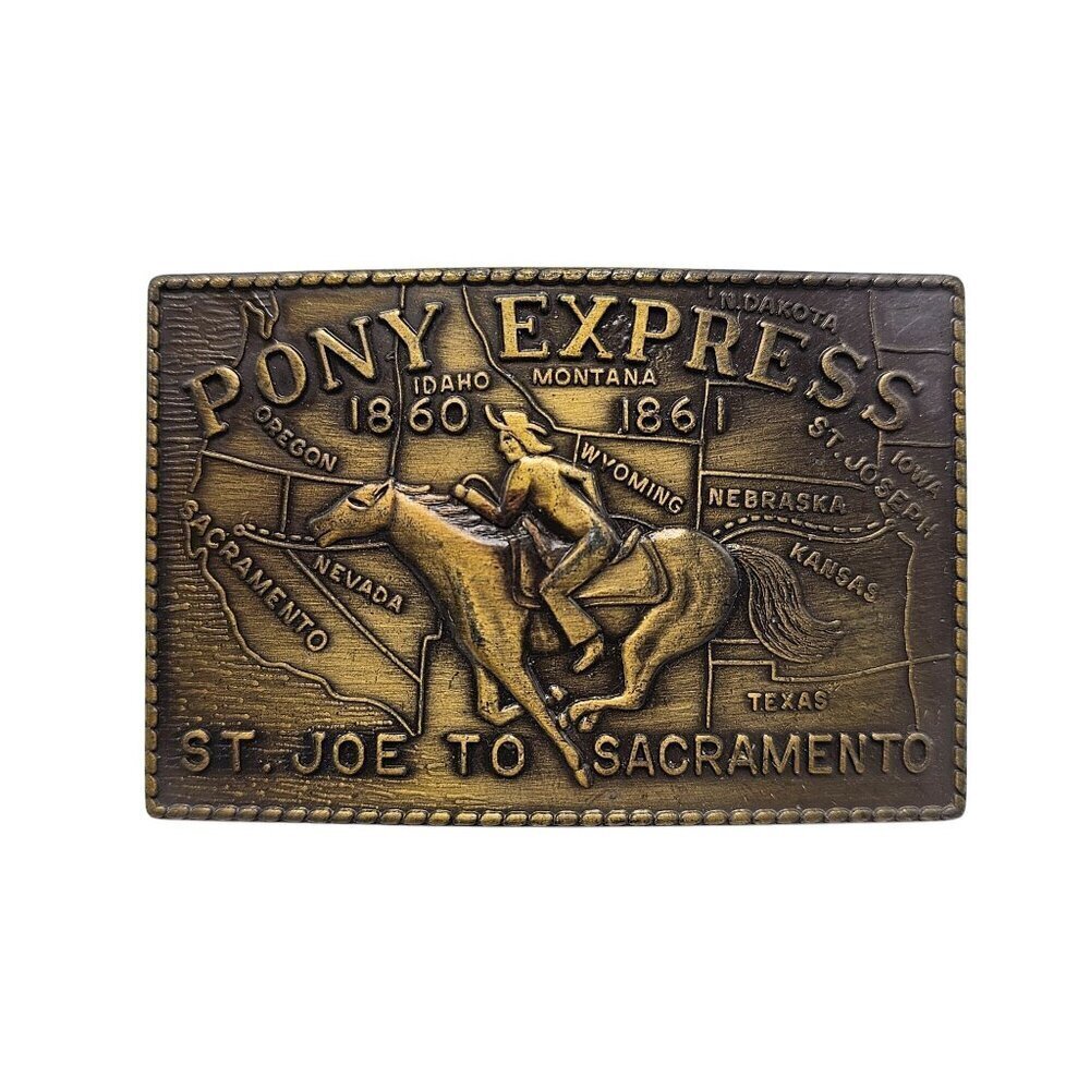 Vintage Pony Express St. Joe To Sacramento Belt Buckle 1860-1861 Antiqued Brass